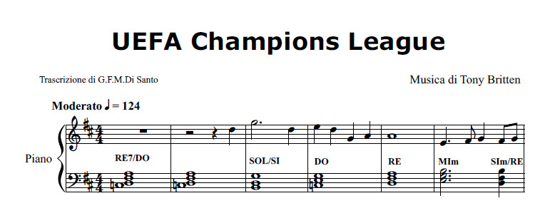 Champions League di Tony Britten - Spartito Pianoforte Melodia e Accordi