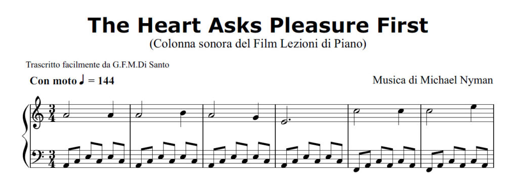 The Heart Asks Pleasure First di Michael Nyman - Spartito Pianoforte Melodia e Accordi