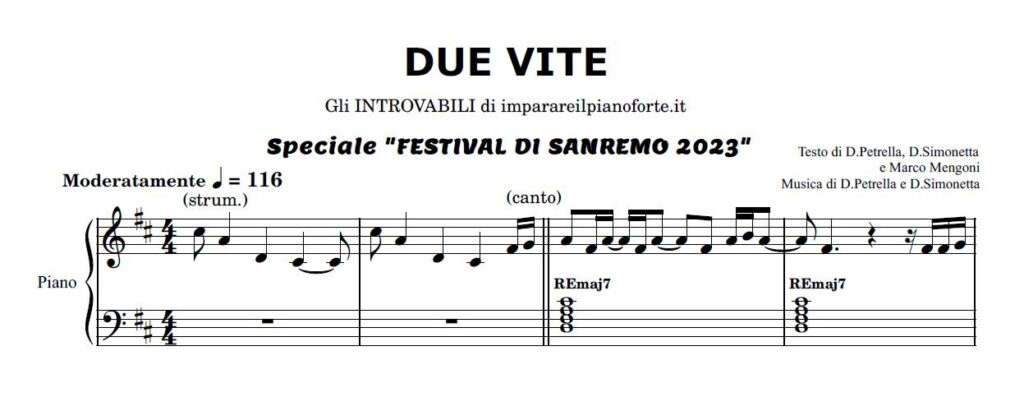 Due Vite di Marco Mengoni - Spartito Pianoforte Melodia e Accordi