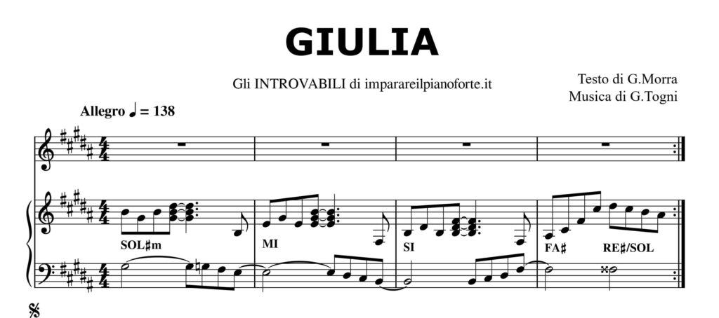 Giulia di Gianni Togni - Spartito Pianoforte Melodia e Accordi